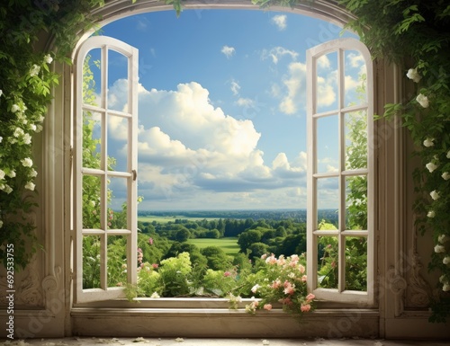 Nature Panoramic View of a Rural Summer Field Through an Opened Window, Inviting the Beauty of the Outdoors Into the Heart of the Space.