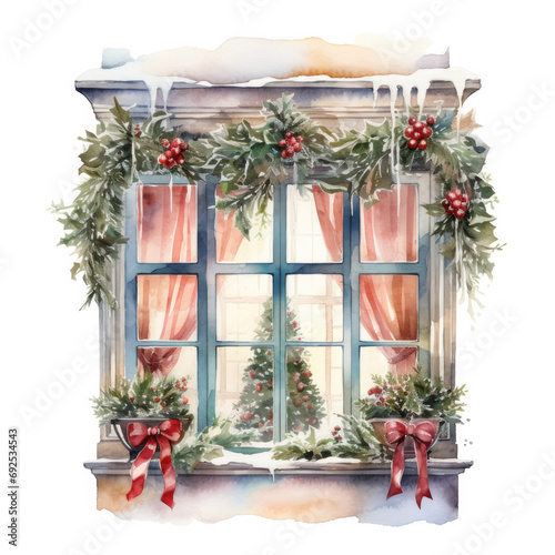 Watercolor illustration of a Christmas window in holiday decoration on a white background