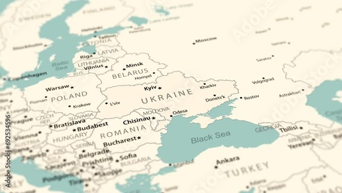Ukraine on the world map. Smooth map rotation. 4K animation. photo