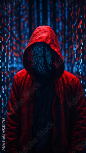 hacker with a mask Concept of cybercrime: cyberwarfare, cyberweapons, cybercommand, cybersecurity policy, and cyber doctrine photo