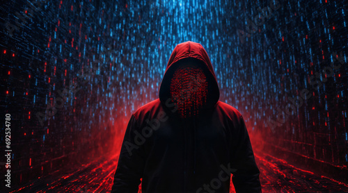 masked hacker Concept of cybercrime: cyberwarfare strategies, cyberarms race, critical infrastructure, nation-state actors, and DDoS attacks
 photo