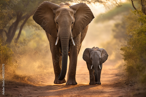 Mom and baby African elephant walking together