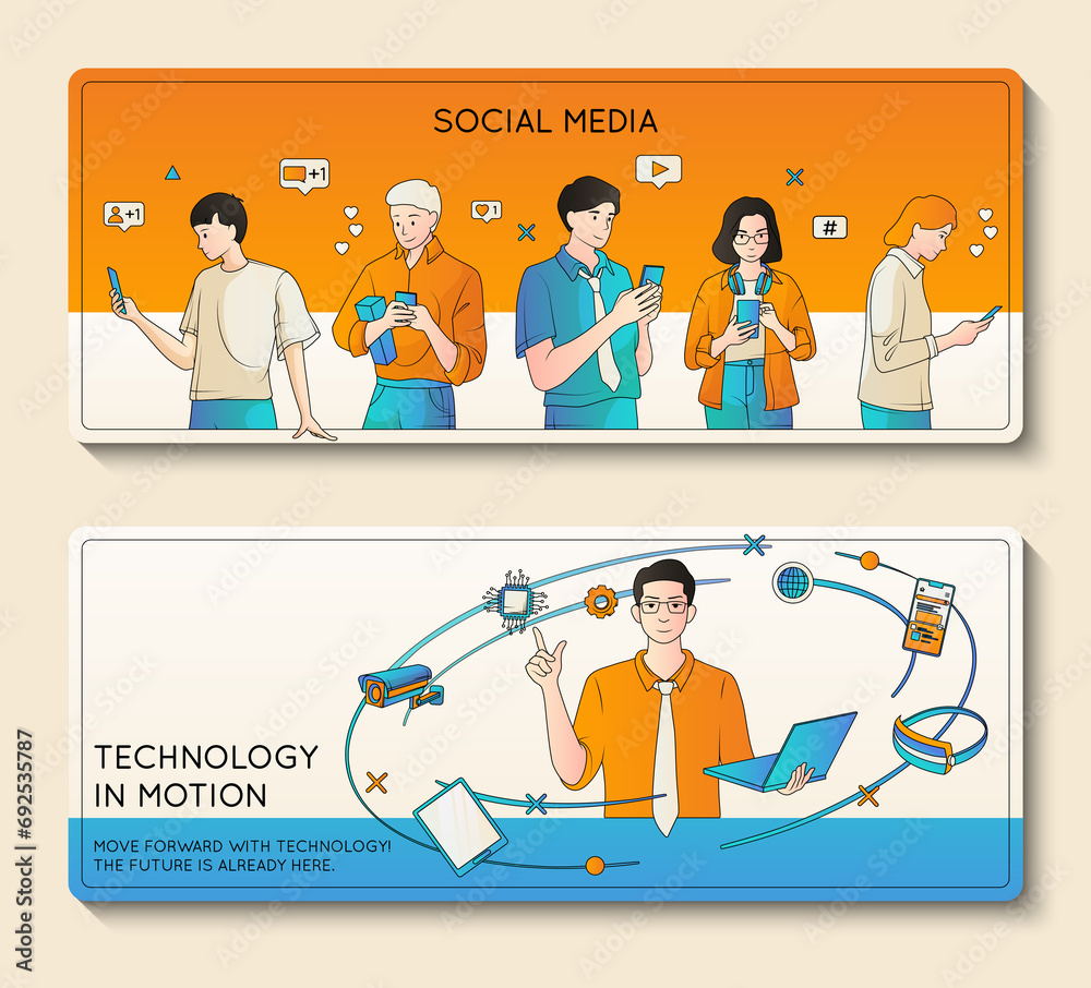 Hand drawn people using technology horizontal banner template collection with people using social media Hand drawn people using technology horizontal banner template collection with people using social media