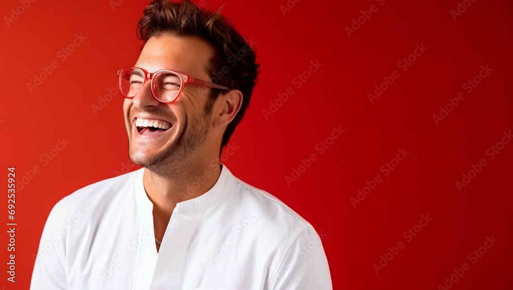 Obraz premium A man in glasses laughs at the camera. Happy and cheerful guy smiling. Eyewear advertising.