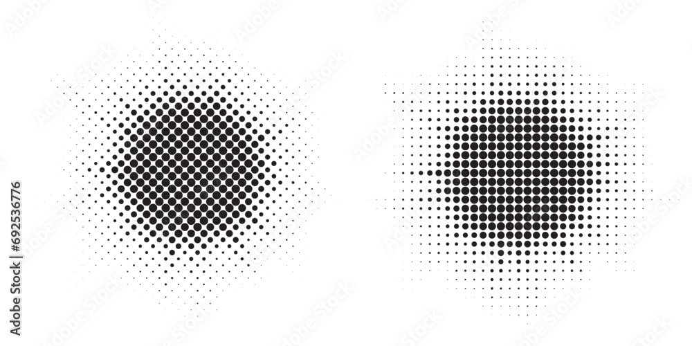 Halftone circle frame dotted background set. Round border Icon using halftone random circle dots raster texture. Grunge circular stain. Vector illustration. 