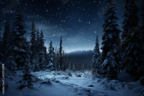 Dark forest at night with moon light in the winter