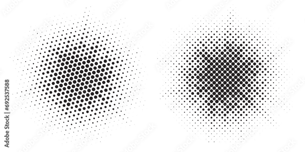 Halftone circle frame dotted background set. Round border Icon using halftone random circle dots raster texture. Grunge circular stain. Vector illustration.  - obrazy, fototapety, plakaty 