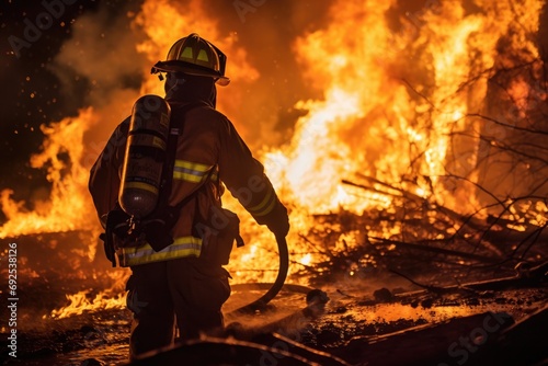 A fireman extinguishes a burning house. flames on the home. man in uniform. fire and danger