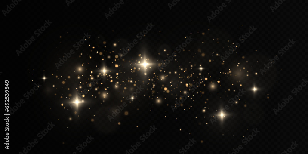 Golden confetti and glitter texture on black background. Sparkling space magical dust particles. Christmas concept.