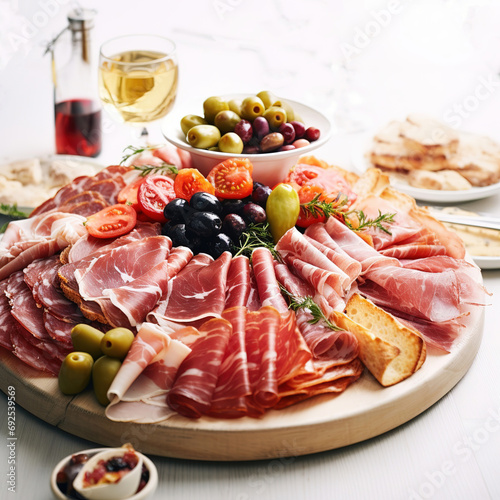 Assortment , sliced meat appetizer, prosciutto, salami and ham, with olives on white table