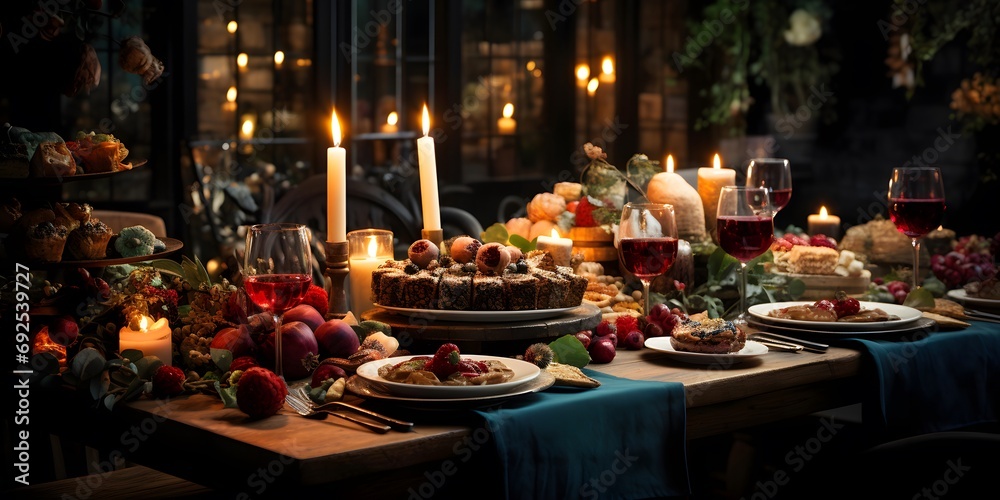 Thanksgiving dinner table with turkey, apples, vegetables and candles in a restaurant