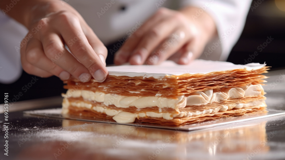 chef skillfully assembling layers for a classic French millefeuille generative ai