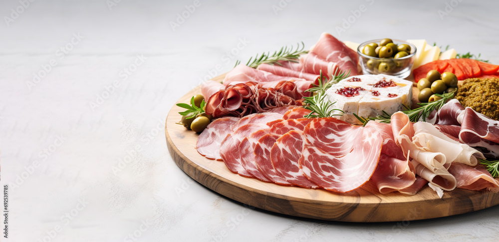 Assortment , sliced meat appetizer, prosciutto, salami and ham, with olives on white table