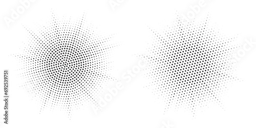 Halftone circle frame background set. Round border Icon using halftone random circle. Grunge circular stain. Vector illustration.