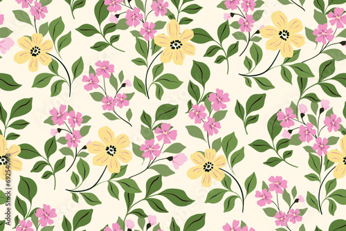 Seamless floral pattern, abstract ditsy print with spring botany in a folk motif. Cute botanical design: hand drawn small wild flowers, large leaves, branches on white. Vector flower pattern.
