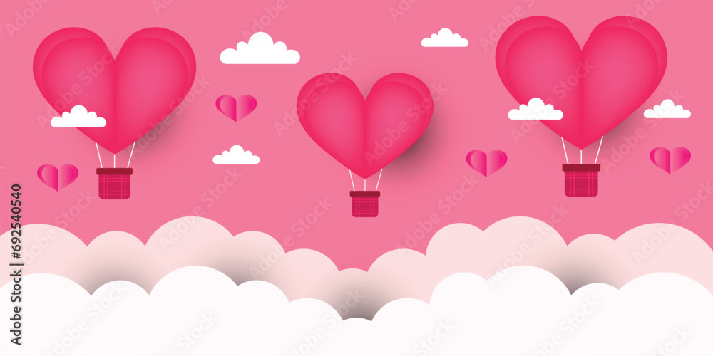 Pink heart shape balloons flying over clouds on pink background. Paper cut out style