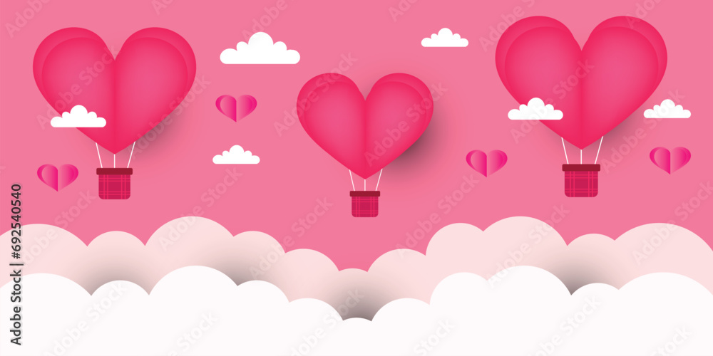 Pink heart shape balloons flying over clouds on pink background. Paper cut out style Pink heart shape balloons flying over clouds on pink background. Paper cut out style