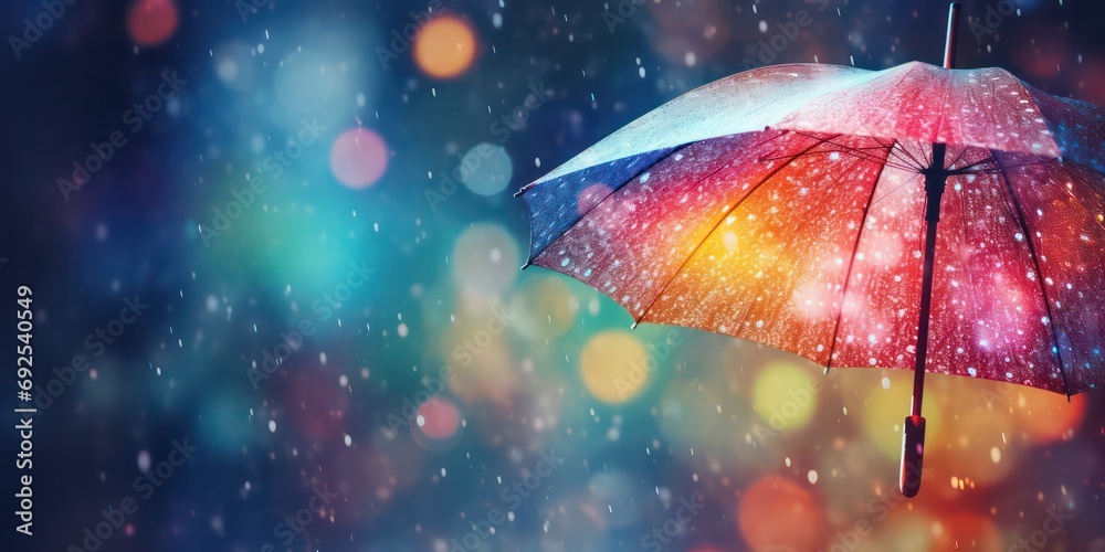 Experience the weather concept with rain falling on a rainbow umbrella, capturing both spring and fall showers, accompanied by abstract defocused drops and subtle light flare effects - obrazy, fototapety, plakaty 