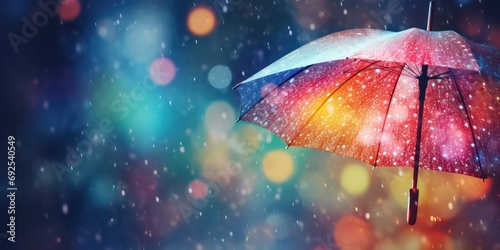 Experience the weather concept with rain falling on a rainbow umbrella, capturing both spring and fall showers, accompanied by abstract defocused drops and subtle light flare effects photo