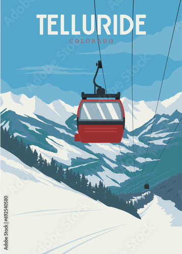 telluride travel poster vintage illustration design with cable car or gondola design, skiing and snowboarding poster
