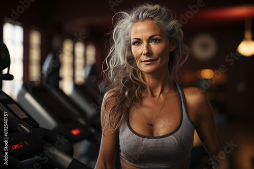 Beautiful confident senior woman in sportswear smiling happily at gym, healthy lifestyle and maintaining wellness for older adults concept.