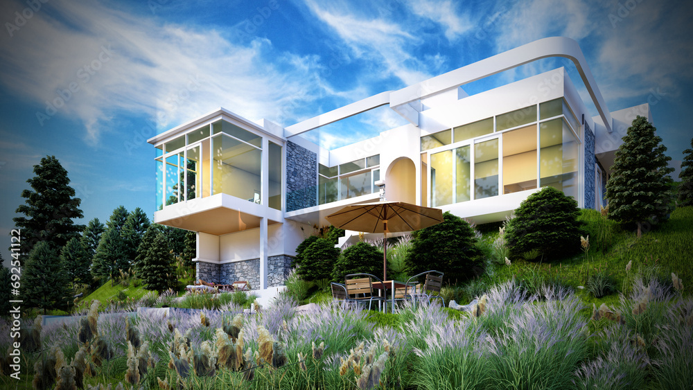 3D rendering of tropical house exterior	