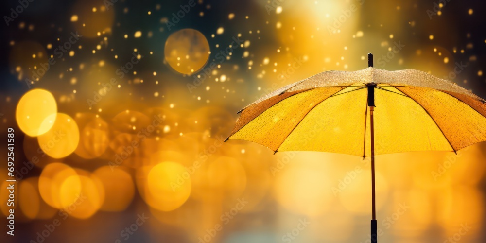 The weather concept with rain falling on a yellow umbrella,  accompanied by abstract defocused drops and subtle light flare effects