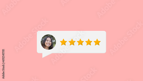 A satisfied customer leaving a 5-star review in the comment section of a forum, page or online shopping website. Light pink background. photo