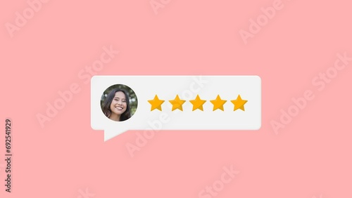 Animated chatbox intro and outro - A satisfied customer leaving a 5-star review in the comment section of a forum, page or online shopping website. Light pink background.