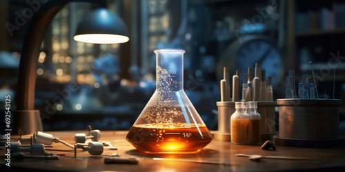 The realm of research and innovation with a laboratory beaker filled with a scientific formula. photo