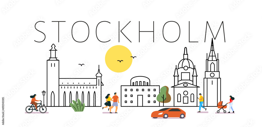 Stockholm City Line View. Poster print minimal design with people