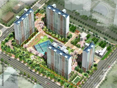 Photography aerial view of the city, Architectural illustration of modern apartment resident