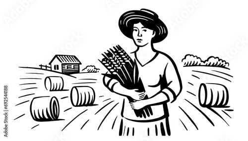 Woman with sheaf of wheat. Rural landscape young female