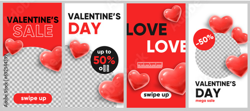 Valentine's day sale for social media, instagram stories and post, mobile app, banners, cards. Set of 4 stories template with red hearts