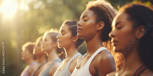 A diverse group of women, each from different ethnic backgrounds, stretching their arms outdoors. This yoga class engages in a breathing exercise at the park, promoting a sense of unity and wellness. photo