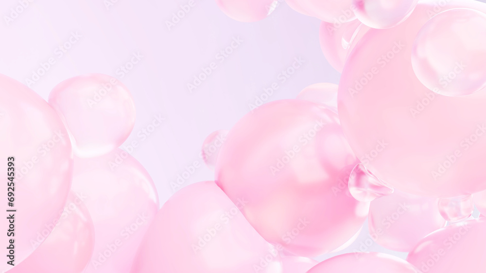 パステルカラーがかわいいピンクの泡, もっちりとした質感の玉が重なる3Dレンダリングイメージ