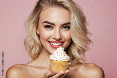 Happy, beautiful woman showing a cupcake