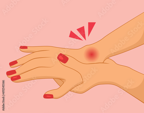 Female hands suffering painful wrist pain vector illustration. Unhappy cartoon woman holding arm suffering arthritis
