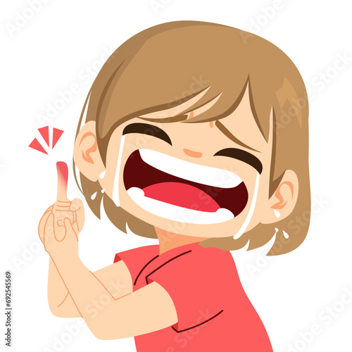 Child crying holding hurt hand vector illustration. Cartoon boy with burn finger after domestic accident concept