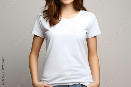 White blank t-shirt template on female body isolated on gray background ai generated art
