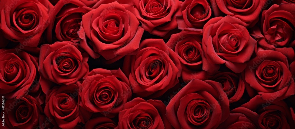 Natural fresh red roses flower pattern wallpaper. top view, red rose flower wall background. Natural fresh red roses flower pattern wallpaper. top view, red rose flower wall background.