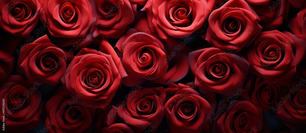 Natural fresh red roses flower pattern wallpaper. top view, red rose flower wall background. Natural fresh red roses flower pattern wallpaper. top view, red rose flower wall background.