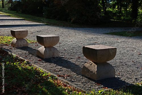 A beautiful park in Romania, Târgu Jiu. Stone chairs.