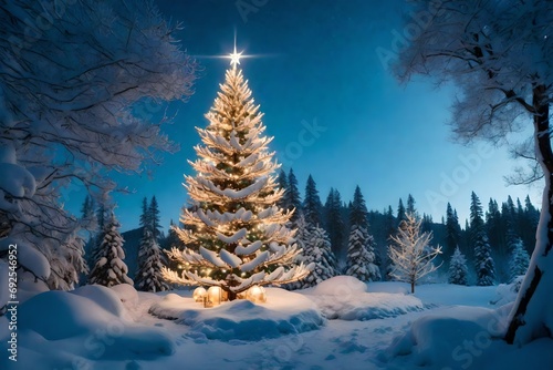 A beautifully decorated Christmas tree standing tall in a snow-covered outdoor landscape, adorned with twinkling lights, ornaments, and a glistening layer of fresh snow.