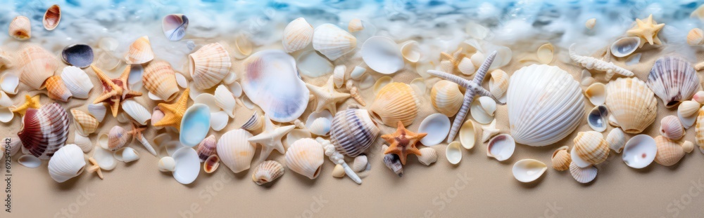 Seashells scattered along the seashore create a picturesque beach holiday background