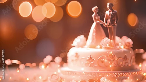 Wedding cake with sparkling lights. celebration. Newlyweds are cutting the cake. Sparkling lights of Bengal fires. Golden abstract blinking blurred, bokeh. New year. Bokeh moving around. Romantic love photo