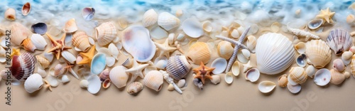 Seashells scattered along the seashore create a picturesque beach holiday background