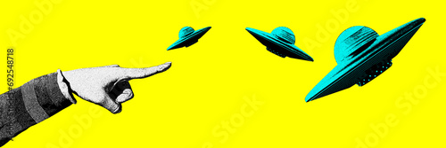 Male hand pointing at ufo against yellow background. Science of cosmos. Contemporary art collage. Concept of y2k style, creativity, surrealism, abstract art, imagination. Colorful design photo