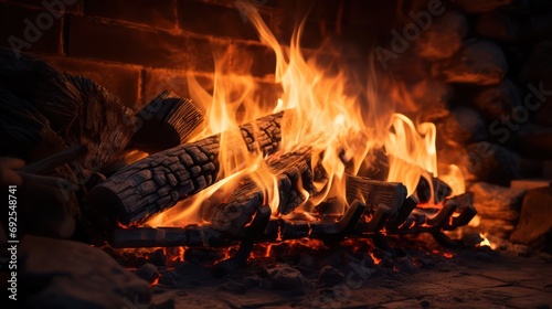 Burning flame in the fireplace. Generative AI