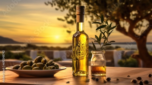 Olives and olive oil on rural landscape. Generative AI